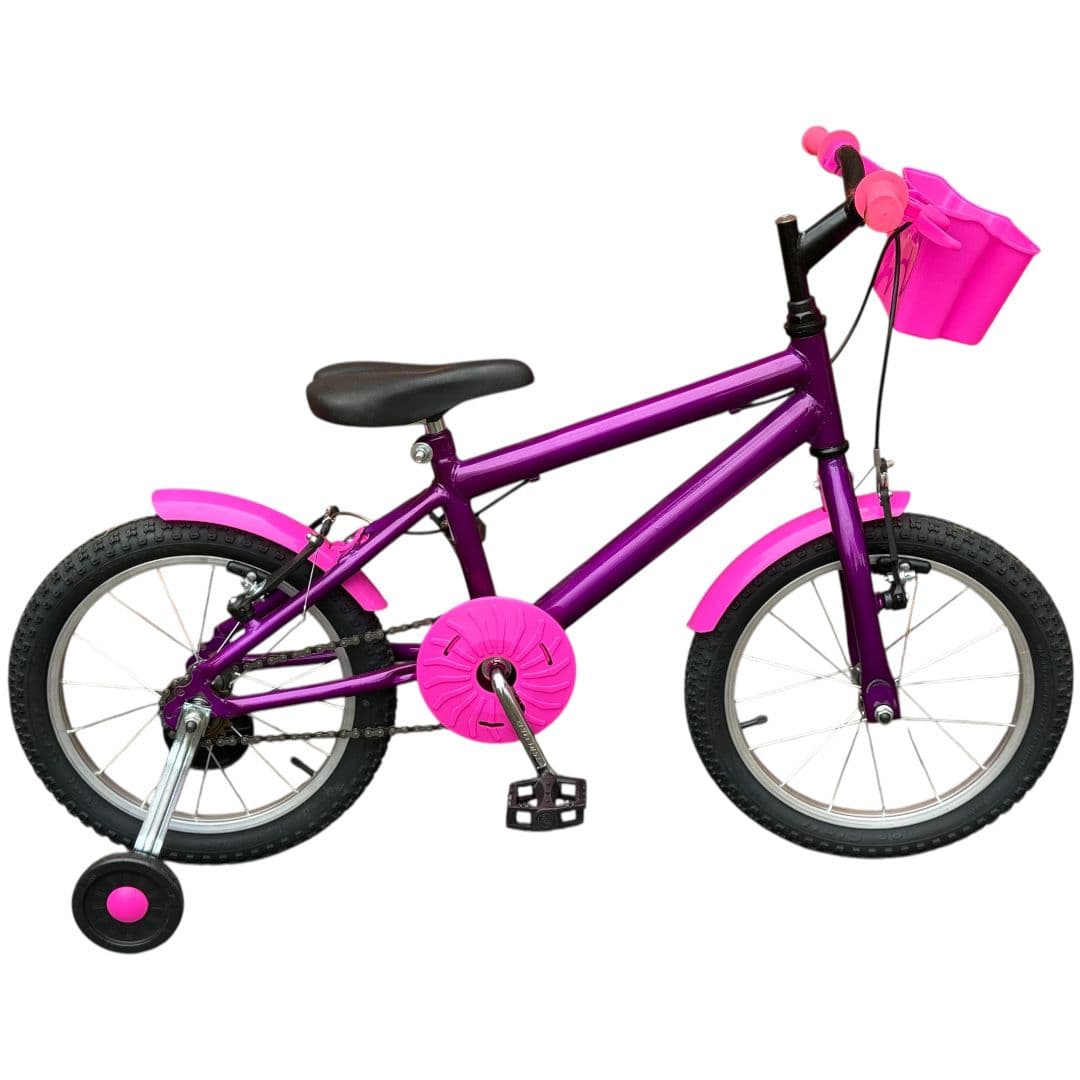 BICICLETA ARO 16 REBAIXADA VIOLETA ARO ALUMINIO ROSA CUBO AÇO RAIO FINO